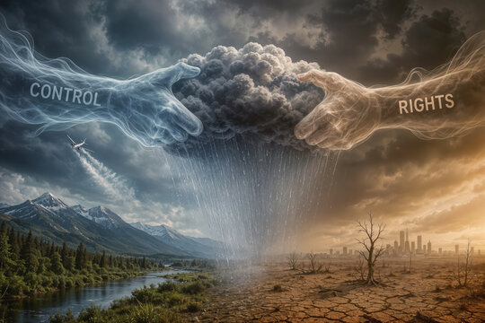 Atmospheric Water Theft tug of war between Control and Rights ghostly hands pulling rain cloud over river and cracked city drought illustrating cloud seeding geoengineering water rights dispute