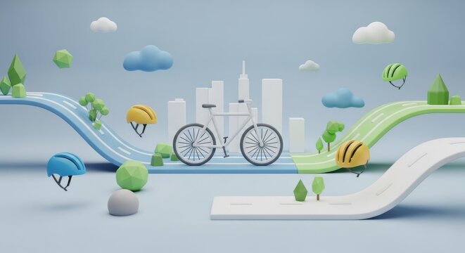 3D illustration for National Bike to Work Week with bicycle and helmets