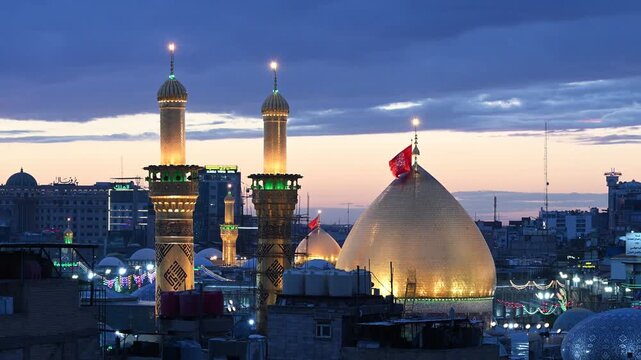 Karbala, Iraq - December 28, 2025: Aerial footage of golden dome of Shrine imam Hussain in Karbala city , Iraq
