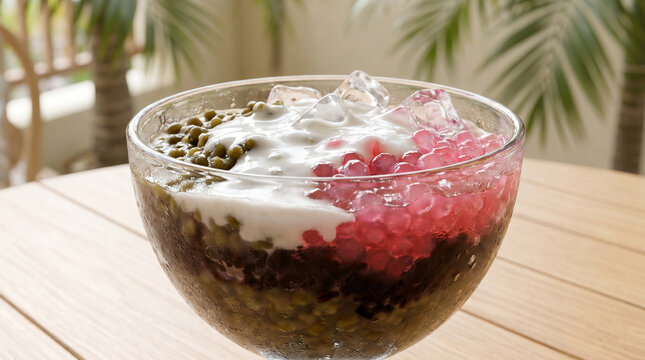 Creamy iced dessert featuring beans, black rice, sago pearls and coconut milk.
