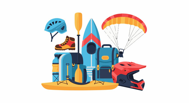 Assortment of outdoor adventure gear, including helmets, kayak, and parachute