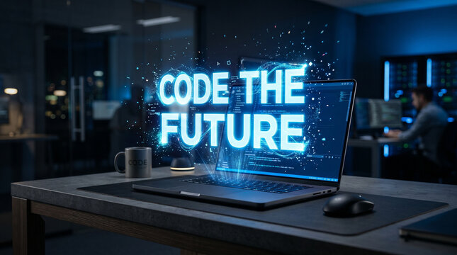 Code The Future Neon Text on Laptop Screen