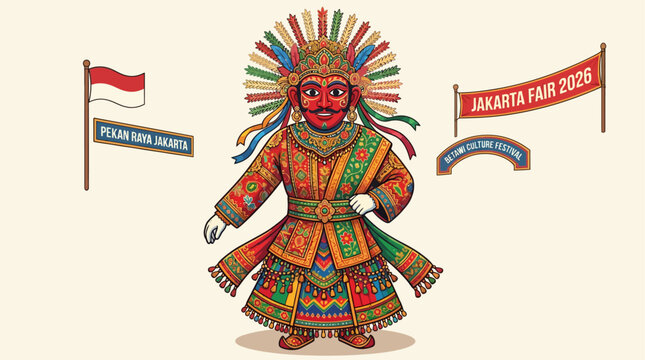 Traditional Betawi Ondel-Ondel festival illustration with colorful ethnic costume, Indonesian cultural celebration, decorative ornaments, and festive event atmosphere.