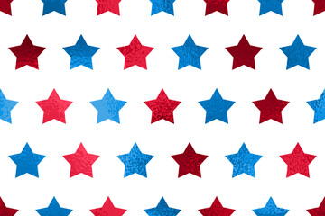 Fototapeta premium Seamless blue red star pattern, gradient textured US flag colors on white background. Vector background for american national holiday, Labor, Independence Day. Christmas gift wrapping paper