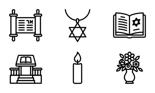 Jewish Symbols Icons Set, Star of David, Torah Scroll, Candle, Synagogue, Religious Vector Graphics