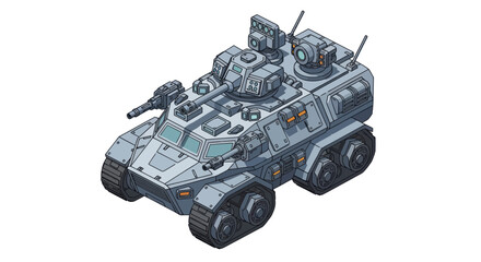 Futuristic armored personnel carrier with multiple turrets and tracks. © Vario