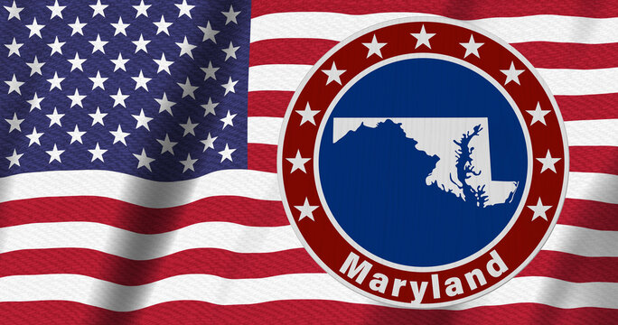 Maryland map with stars on a US red, white and blue road sign