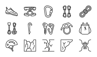 Climbing Gear Icons Set, Rock Climbing Equipment Vector Graphics, Outdoor Adventure Sports Equipment © Yusuf