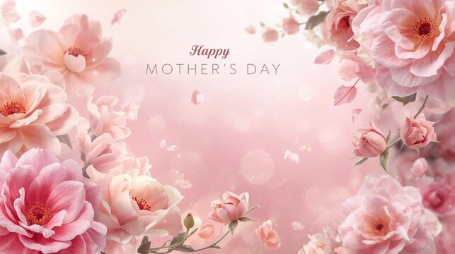 Elegant Mother's Day celebration background with soft pink floral arrangements and shimmering light effects, perfect for a sophisticated feminine theme of love and gratitude