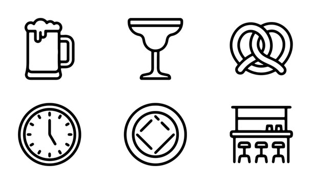 Bar Icons Set: Beer Mug, Margarita Glass, Pretzel, Clock, Coaster, Bar Counter