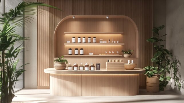 Modern wooden wellness store interior with plants and sunlight