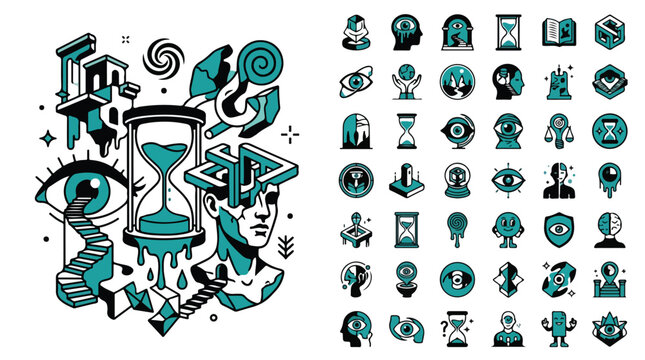 Surreal philosophy vector icons set, conceptual psychology and time symbols, teal and black line art illustrations for mental health and metaphysics