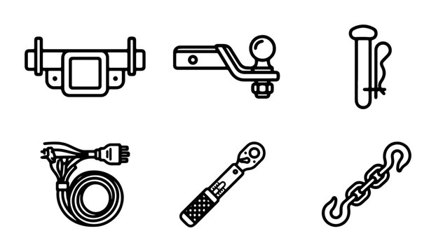 Vehicle Towing Hardware Icons, Trailer Hitch Parts, Torque Wrench, Safety Pin, Chain Link, Wiring Connector