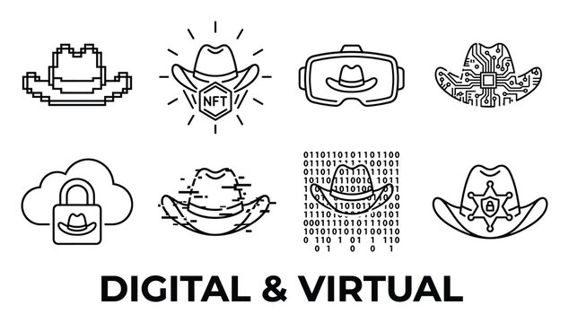 Digital virtual cowboy hat related icons set pixel art nft vr circuit binary cloud sheriff.
