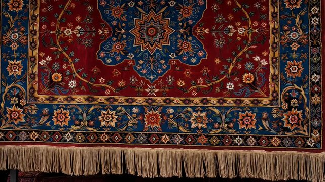 A richly detailed, vibrant red and blue Persian rug with intricate floral patterns and a decorative fringe is displayed prominently.