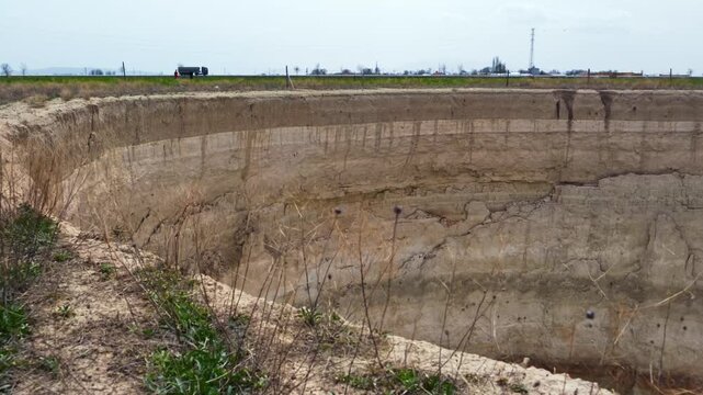 Ground-level footage showing a large sinkhole with steep eroded walls in a rural landscape. Geological formation, natural ground collapse, karst terrain, and dry soil textures are clearly visible.