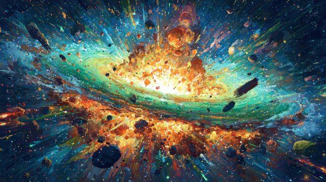 Explosive cosmic event scatters brilliant colors and debris across the deep void