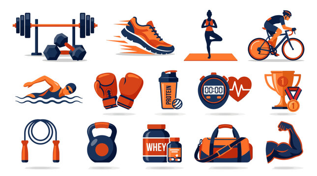 Fitness Gym Workout Sport Flat Icon Set with Dumbbell Running Yoga Cycling Boxing Heartbeat and Athletic Design
