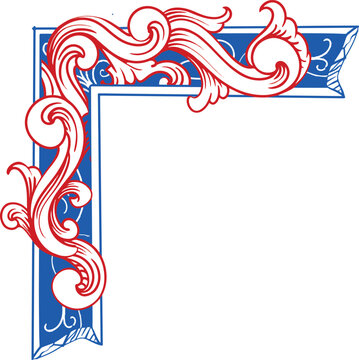 Vintage ornate corner frame border with elegant red and blue scrolls