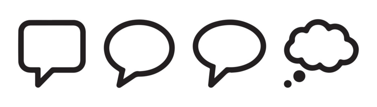 Set of speech bubble and thought bubble icons outline style for communication isolated.