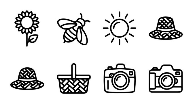 Summer Icons: Sunflower, Bee, Sun, Hats, Basket, Camera Set. Vector Graphics for Outdoor Fun