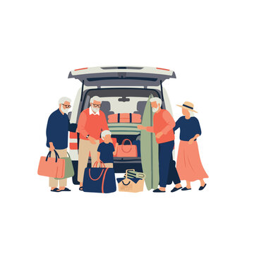 family loading luggage into car for road trip vacation