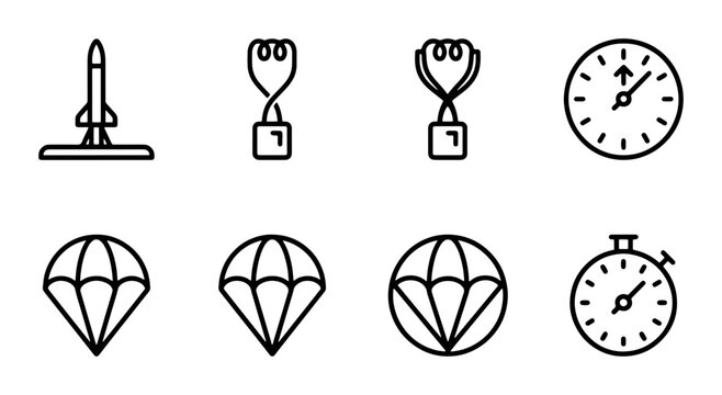 Rocket Launch, Trophy, Stopwatch, Parachute Icons: Business Success, Achievement, Time Management, Safety Vector Set