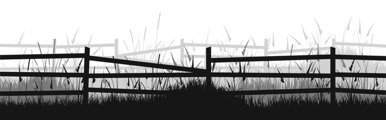 Obraz premium Meadow silhouettes with grass and old wooden fence. Countryside, panoramic summer lawn rural landscape with herbs, weeds. Herbal border, frame element. Black horizontal banners. Vector illustration