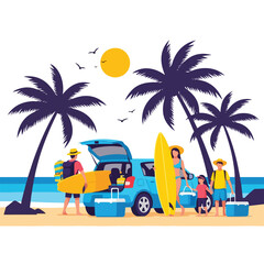 Obraz premium Family packing car for beach vacation with surfboard