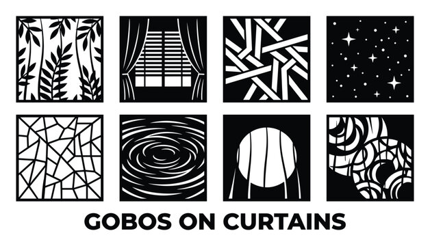 Eight abstract black and white gobos or light patterns designed for curtains or backdrops.