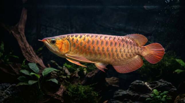 Majestic Golden Red Asian Arowana fish swimming in a tank