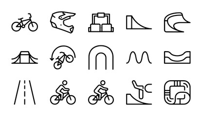 Fototapeta premium BMX Bike Icons, Extreme Sports Vector Set, Bicycle Tricks & Park Elements