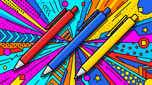 Red and blue pens on vibrant pop art background with comic style geometric patterns and neon colors