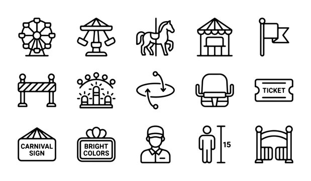 Amusement Park Icons Set, Carnival Rides, Entertainment Vector Graphics, Funfair Symbols, Fairground Attractions