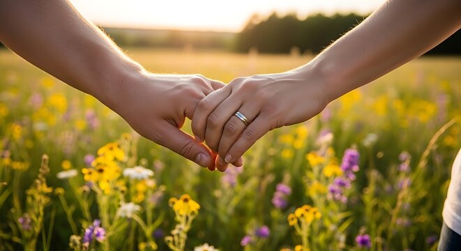 Tender Couple Holding Hands in Sunlit Wildflower Meadow