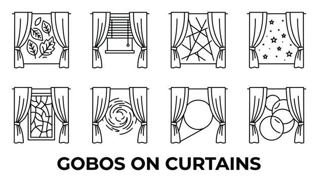 Eight window scenes with curtains and decorative gobo patterns including leaves, stars, and swirls.
