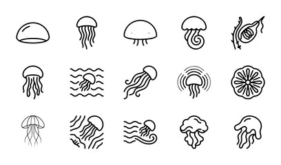 Jellyfish Icons Set, Marine Life Vector Graphics, Ocean Creatures Outline Art © Mamun