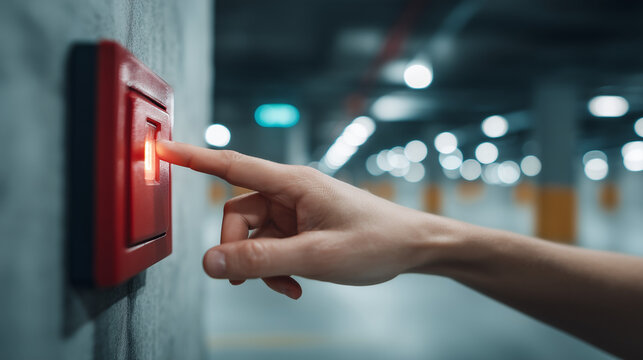 Hand pressing a red fire alarm button mounted on a wall. Emergency response, fire safety, building protection, and evacuation preparedness concept.