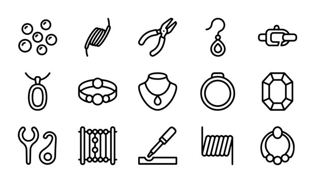 Jewelry Making Icons, Crafting Tools & Supplies, Gemstone & Bead Set, Vector Elements