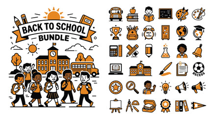 Back to school bundle with 30 education icons and student characters, orange and black line art vector set, academic learning supplies and school building © zee