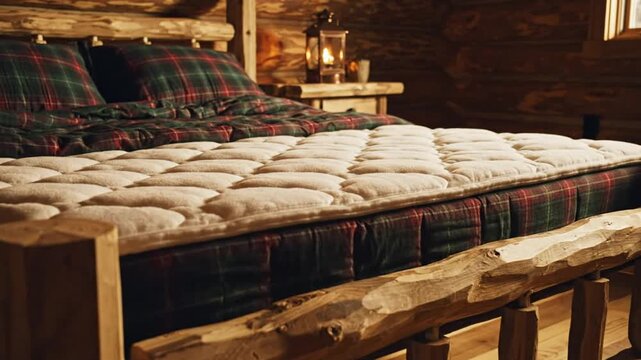 Cozy log cabin bedroom with a bed featuring a quilted mattress, plaid bedding, and a glowing lantern