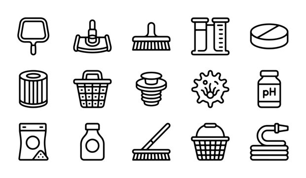 15 Pool Maintenance Icons, Clean Water Equipment Vector Set, Spa Care Tools