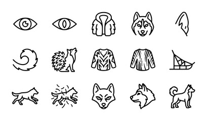 Arctic Animal Icons: Wolf, Husky, Fox, Eye, Fur Coat, Sled, 15 Vector Elements © ShahinAl