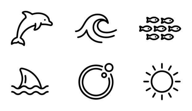 Ocean Icons Set: Dolphin, Wave, Fish School, Shark Fin, Bubbles, Sun, Marine Life
