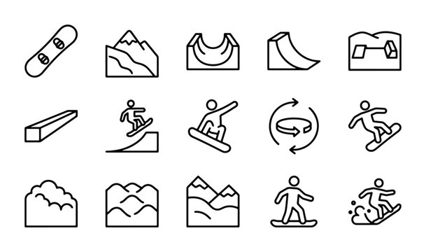 Snowboarding Icons Set, Winter Sports Vector Graphics, Extreme Activity Elements, Snowboarder Graphics