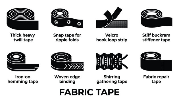 Fabric tape collection with thick twill snap velcro hook loop stiff buckram iron on hemming tape.
