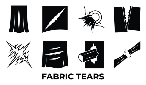 Fabric tears collection showing rip snag burn hole and seam split in clothing with electrical shock.