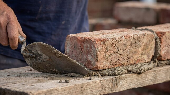 Close up of a bricklayer using a metal trowel to apply wet mortar for building a brick wall at a construction site