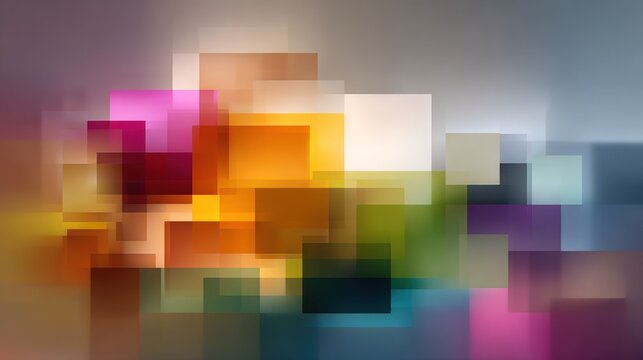 Overlapping geometric shapes create an abstract, colorful composition with soft light effects