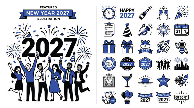 Happy New Year 2027 vector illustration set, blue and black holiday icons collection, people celebrating 2027 party with fireworks and champagne